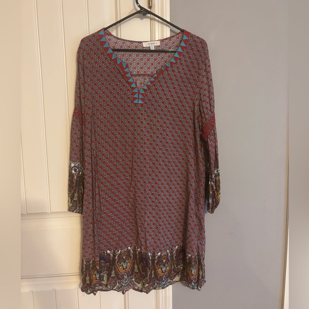 Umgee Burnt Red and Blue Patterned Top